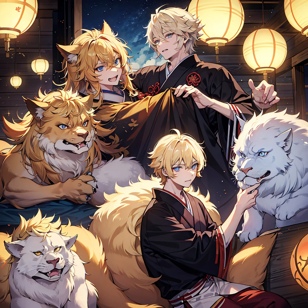 Masculine, monstrous version of the Japanese spirit Komainu with big blonde hair and blue eyes