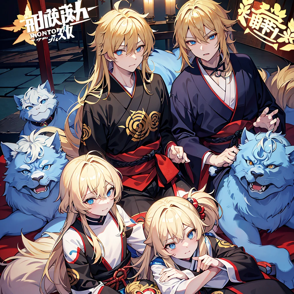 Masculine, monstrous version of the Japanese spirit Komainu with big blonde hair and blue eyes