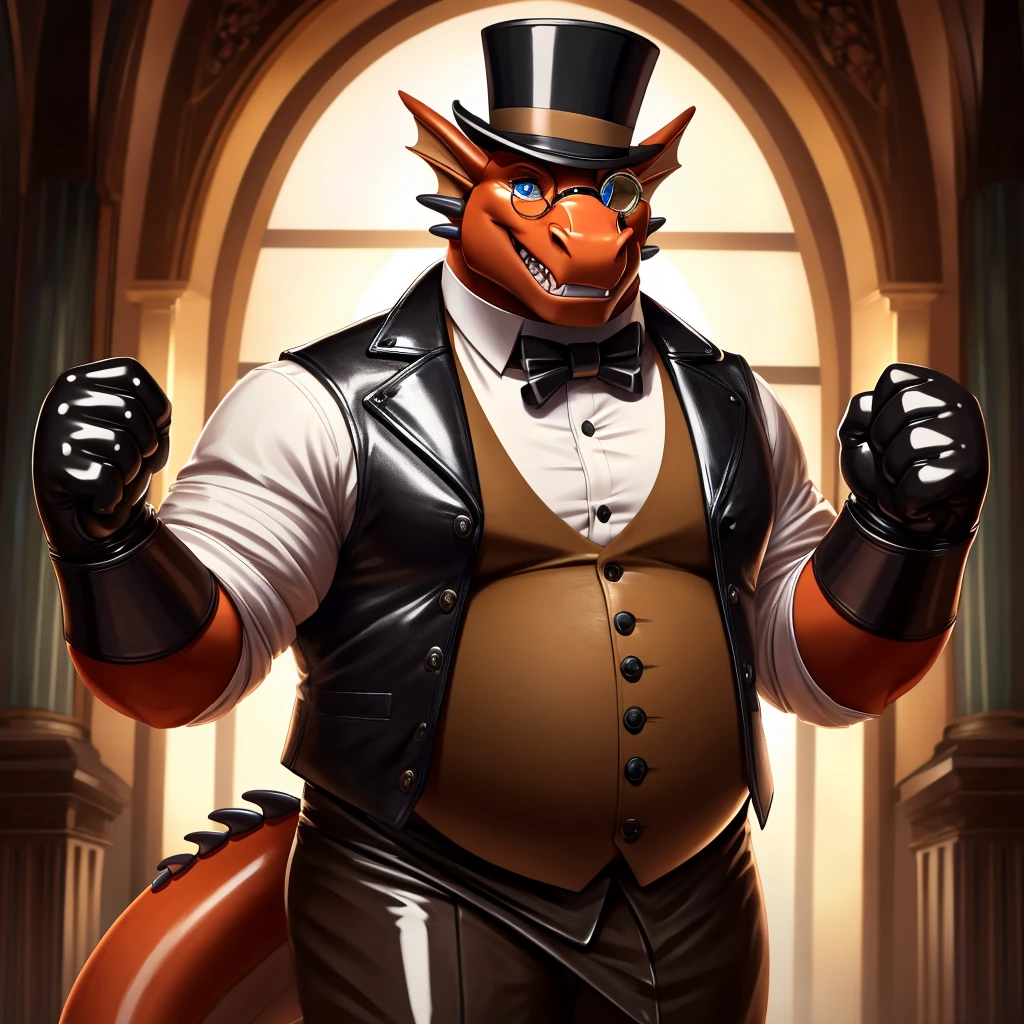 Solo, Male, fat, extremely obese, gentleman, dapper Professor Dragon, blue eyes, (posing:1.3), (soft shading), 4k, hi res, ((detailed face, detailed)), looking at viewer, mouth wide open, steampunk, collared shirt with buttons, top hat, male focus, Explorer Outfit, glasses, monocle, vest with buttons, sleeves rolled up, round eyewear, brown headwear, brown vest, Dragon is wearing a glossy leather dog collar around the neck, Dragon is wearing the leather collar and shirt and vest at the same time, Dragon is wearing glossy white rubber gloves on the hands, wearing white rubber gloves on the feet, gloves are rubber in texture, clenching teeth, clenching fists, leather collar is glossy and shiny with a lot of detail, Dragon is wearing gloves and leather collar at the same time, leather collar has a round dog-tag, leather collar is thick and detailed, leather collar is glossy and shiny, fancy clothing, dapper vest, dapper shirt, leather collar is thick.