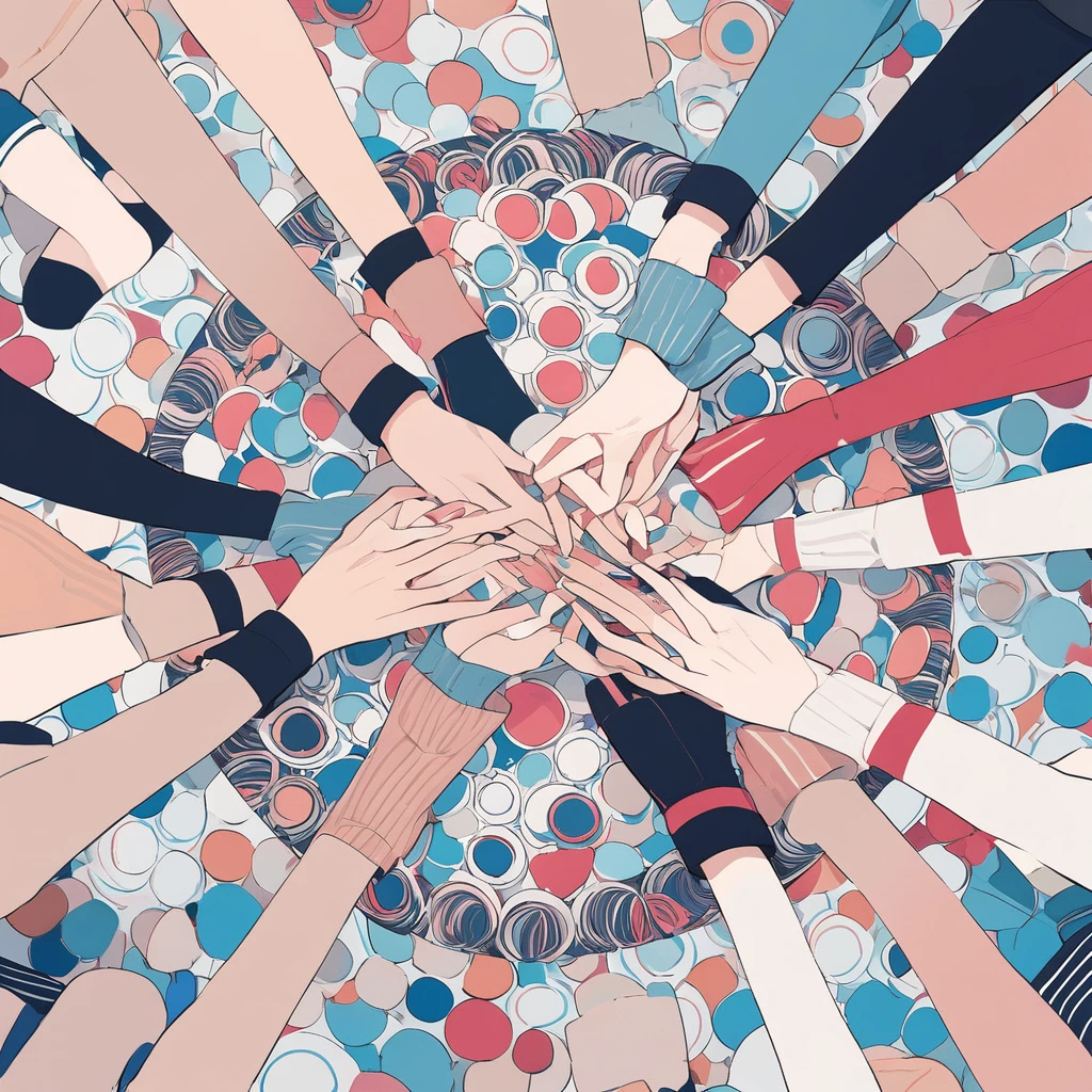 circle composition, threesome, holding hands, from above,