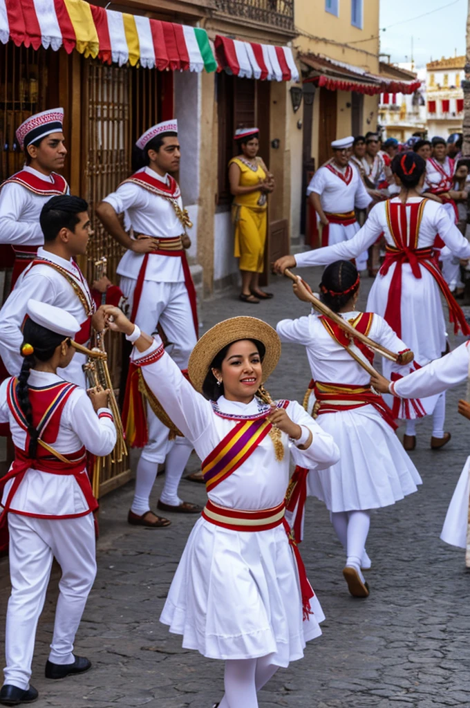 ."Festival in Trujillo:Description for AI: "A festival in Trujillo, with sailor dancers dressed in traditional costumes, live music and festive decorations."