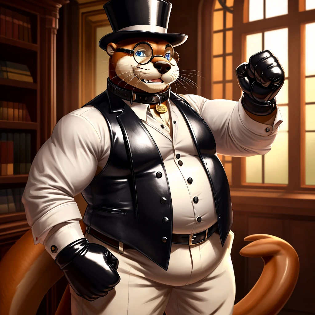Solo, Male, fat, extremely obese, gentleman, dapper Professor Otter, blue eyes, (posing:1.3), (soft shading), 4k, hi res, ((detailed face, detailed)), looking at viewer, mouth wide open, steampunk, collared shirt with buttons, top hat, male focus, Explorer Outfit, glasses, monocle, vest with buttons, sleeves rolled up, round eyewear, brown headwear, brown vest, Otter is wearing a glossy leather dog collar around the neck, Otter is wearing the leather collar and shirt and vest at the same time, Otter is wearing glossy white rubber gloves on the hands, wearing white rubber gloves on the feet, gloves are rubber in texture, clenching teeth, clenching fists, leather collar is glossy and shiny with a lot of detail, Otter is wearing gloves and leather collar at the same time, leather collar has a round dog-tag, leather collar is thick and detailed, leather collar is glossy and shiny, fancy clothing, dapper vest, dapper shirt, leather collar is thick.
