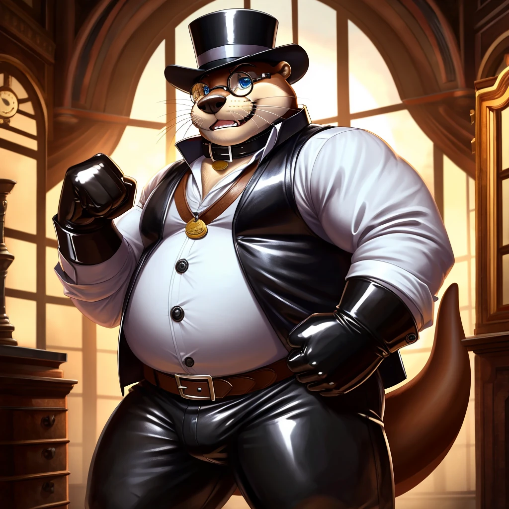 Solo, Male, fat, extremely obese, gentleman, dapper Professor Otter, blue eyes, (posing:1.3), (soft shading), 4k, hi res, ((detailed face, detailed)), looking at viewer, mouth wide open, steampunk, collared shirt with buttons, top hat, male focus, Explorer Outfit, glasses, monocle, vest with buttons, sleeves rolled up, round eyewear, brown headwear, brown vest, Otter is wearing a glossy leather dog collar around the neck, Otter is wearing the leather collar and shirt and vest at the same time, Otter is wearing glossy white rubber gloves on the hands, wearing white rubber gloves on the feet, gloves are rubber in texture, clenching teeth, clenching fists, leather collar is glossy and shiny with a lot of detail, Otter is wearing gloves and leather collar at the same time, leather collar has a round dog-tag, leather collar is thick and detailed, leather collar is glossy and shiny, fancy clothing, dapper vest, dapper shirt, leather collar is thick.