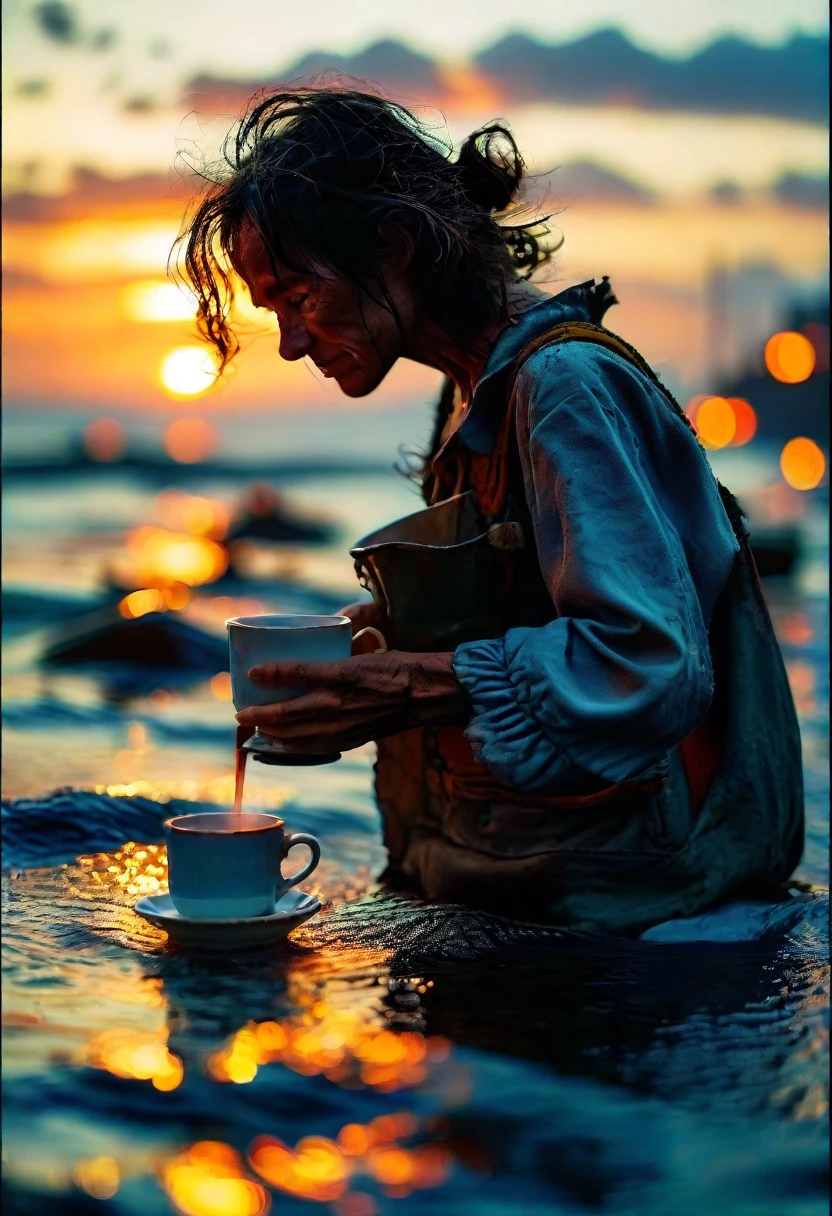 /imagine prompt: A local fisherwoman awakes with the dawn, setting out across the sea as the first light touches the horizon, skillfully casting her line while cradling hot coffee, the romantic solitude of the scene preserved vividly through the high-resolution sensor of the Nikon Z 7II paired with a 70-200mm lens, --chaos 30 --ar 1:1 --stylize 300 --weird 500 --quality 10 --v 6