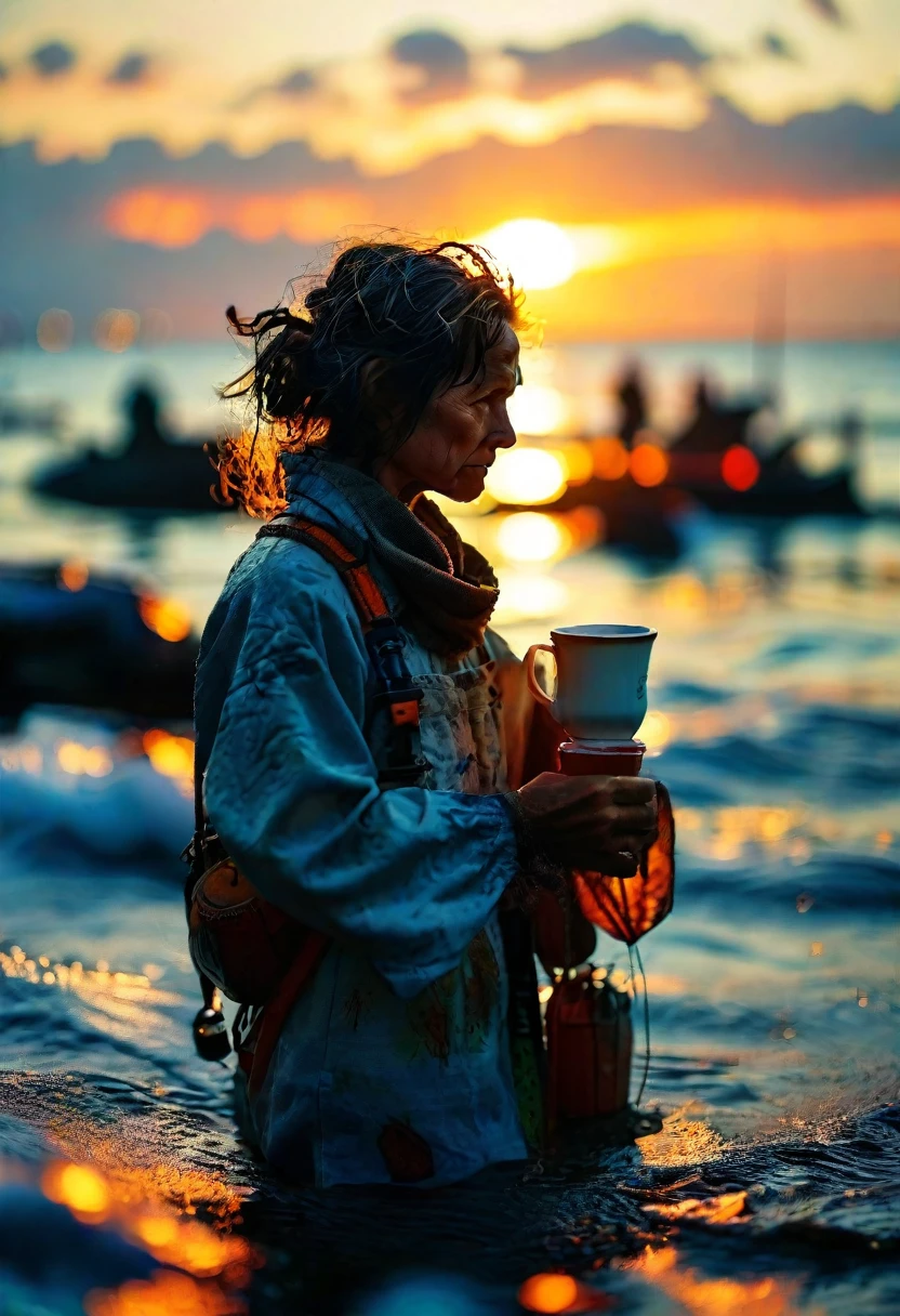 /imagine prompt: A local fisherwoman awakes with the dawn, setting out across the sea as the first light touches the horizon, skillfully casting her line while cradling hot coffee, the romantic solitude of the scene preserved vividly through the high-resolution sensor of the Nikon Z 7II paired with a 70-200mm lens, --chaos 30 --ar 1:1 --stylize 300 --weird 500 --quality 10 --v 6