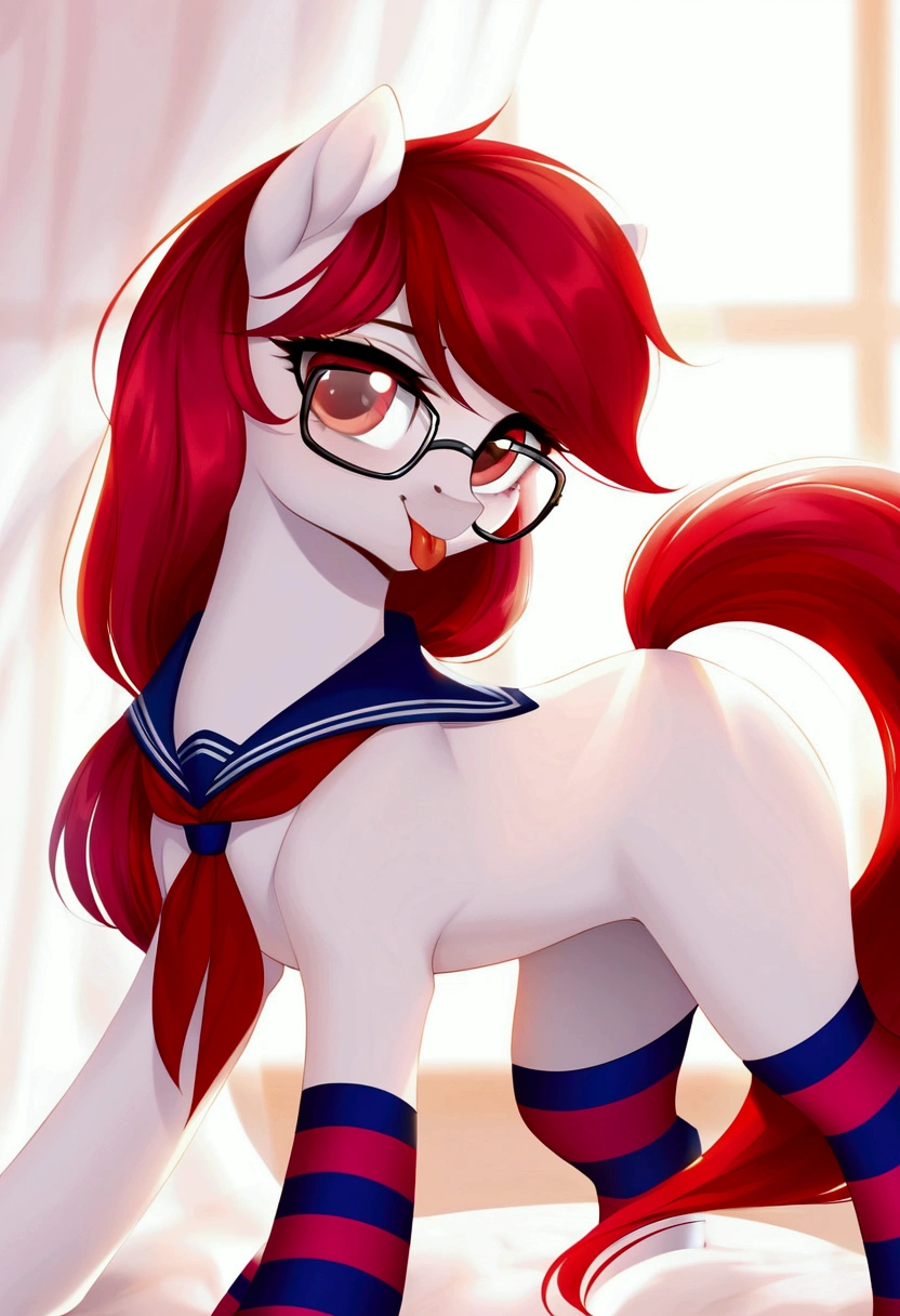 radiant lighting, vibrant colors, whimsical atmosphere, 8K, high resolution, highly detailed, masterpiece, (((my little pony))), four stockings, (red hair, white body, red eyes) cute face, tongue out, (school uniform), striped stockings, one hoove up, cool glasses 