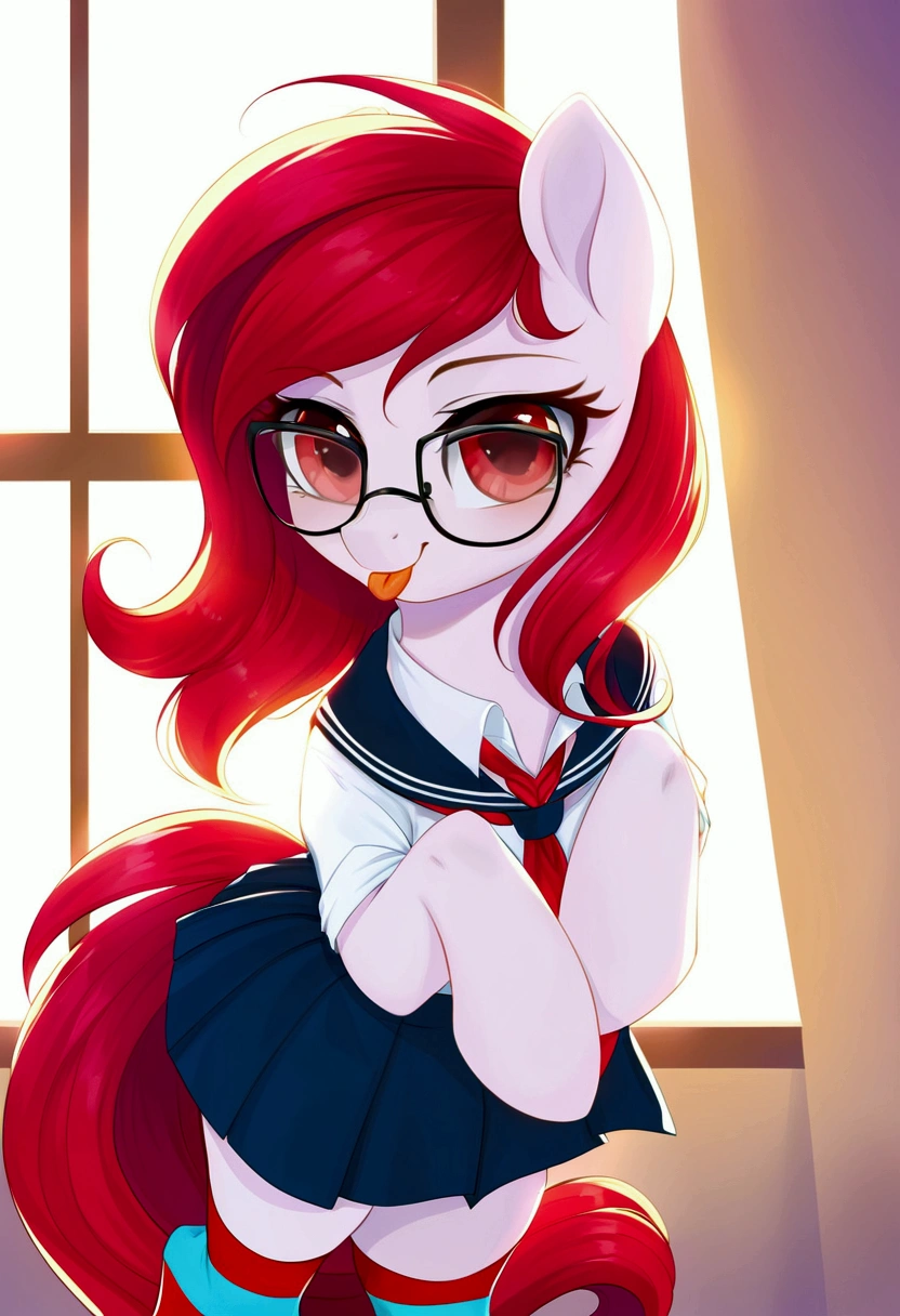 radiant lighting, vibrant colors, whimsical atmosphere, 8K, high resolution, highly detailed, masterpiece, (((my little pony))), four stockings, (red hair, white body, red eyes) cute face, tongue out, (school uniform), striped stockings, one hoove up, cool glasses