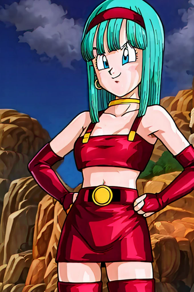 ultra detailed, masterpiece, best quality, solo, soft smile, light smile, Bulla, Dragon Ball,
long hair, aqua hairbangs, collarbonebridal gauntlets, eyelashes, hoop earrings, eyebrows,miniskirt,hairband, red hairband, earrings, blue eyes,elbow gloves, red gloves, fingerless gloves, crop top, red topwear, midriff, yellow belt, skirt, red skirt, big breast, big ass,confused face expresion, sin imperfecciones, dibujo perfecto,