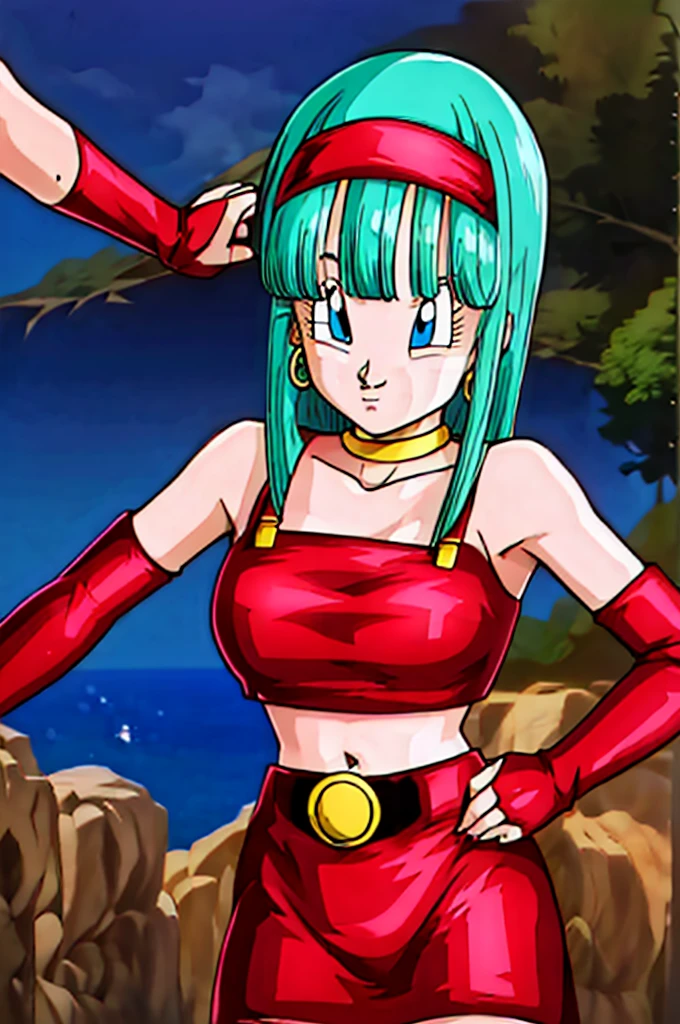 ultra detailed, masterpiece, best quality, solo, soft smile, light smile, Bulla, Dragon Ball,
long hair, aqua hairbangs, collarbonebridal gauntlets, eyelashes, hoop earrings, eyebrows,miniskirt,hairband, red hairband, earrings, blue eyes,elbow gloves, red gloves, fingerless gloves, crop top, red topwear, midriff, yellow belt, skirt, red skirt, big breast, big ass,confused face expresion, sin imperfecciones, dibujo perfecto,