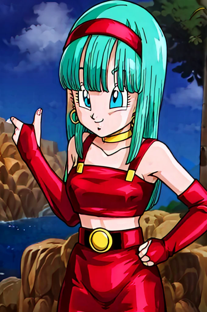 ultra detailed, masterpiece, best quality, solo, soft smile, light smile, Bulla, Dragon Ball,
long hair, aqua hairbangs, collarbonebridal gauntlets, eyelashes, hoop earrings, eyebrows,miniskirt,hairband, red hairband, earrings, blue eyes,elbow gloves, red gloves, fingerless gloves, crop top, red topwear, midriff, yellow belt, skirt, red skirt, big breast, big ass,confused face expresion, sin imperfecciones, dibujo perfecto,