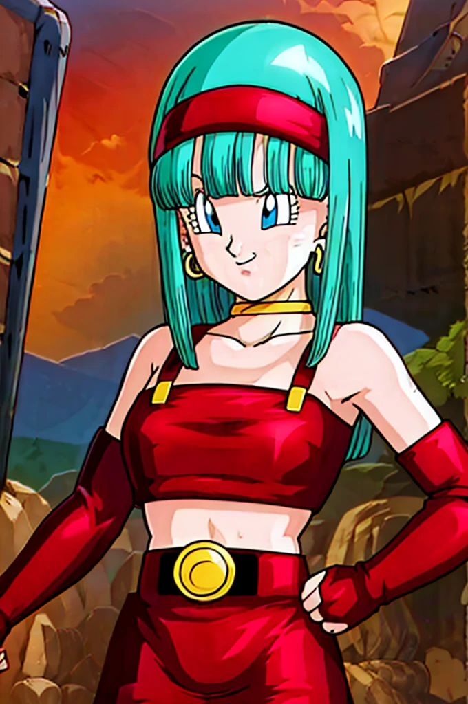 ultra detailed, masterpiece, best quality, solo, soft smile, light smile, Bulla, Dragon Ball,
long hair, aqua hairbangs, collarbonebridal gauntlets, eyelashes, hoop earrings, eyebrows,miniskirt,hairband, red hairband, earrings, blue eyes,elbow gloves, red gloves, fingerless gloves, crop top, red topwear, midriff, yellow belt, skirt, red skirt, big breast, big ass,confused face expresion, sin imperfecciones, dibujo perfecto,