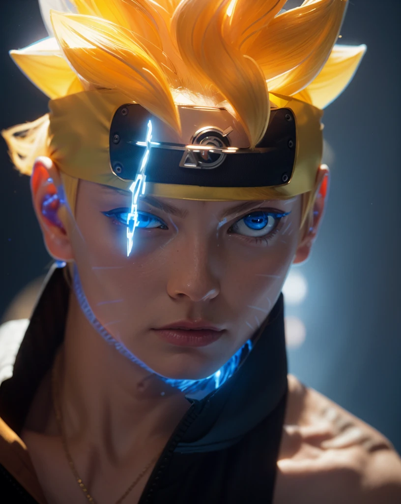 (dramatic, Grainy, intense:1.4),masterpiece, Highest quality, 8K, 非常識なdetailed, Intricate details, hyperdetailed, super high quality, High detail, ultra detailed, masterpiece,Upper Body, close,(Imide Shot,Macro photography:1.25),(blue eyes:1.5),(Blonde:1.2),One Man, Holographic Reality, Soft Light, movie rim light, Delicate Light, Cyberpunk Style, Studio Lighting,Artistic Rendering Style,Bright colors, Full Body Shot, 3D Artist, detailed, Futuristic, lightning,Real,髪の毛のdetailed, bolt, Yellow Hair, detailedな目, detailedな鼻, Realistic, black eye, Realistic, detailed black eye, blue eyes, Put on a ninja headband