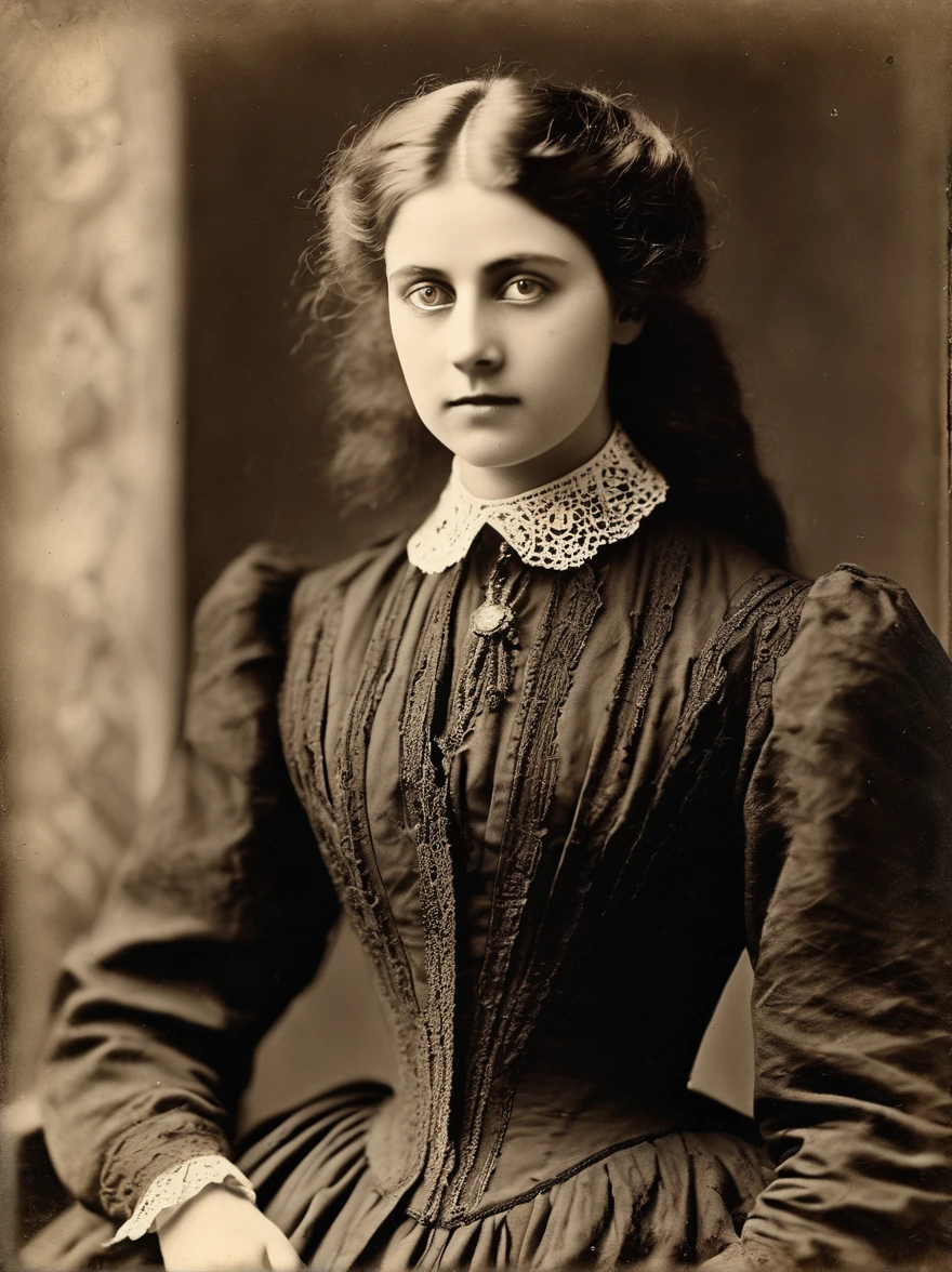 Amidst a collection of antique
cabinet cards, one stands out - a
portrait of a young woman with
hollow eyes and a haunting smile.
Legend has it that her spirit still
lingers in the old mansion where
she met her untimely demise,
forever trapped between the
worlds of the living and the dead.