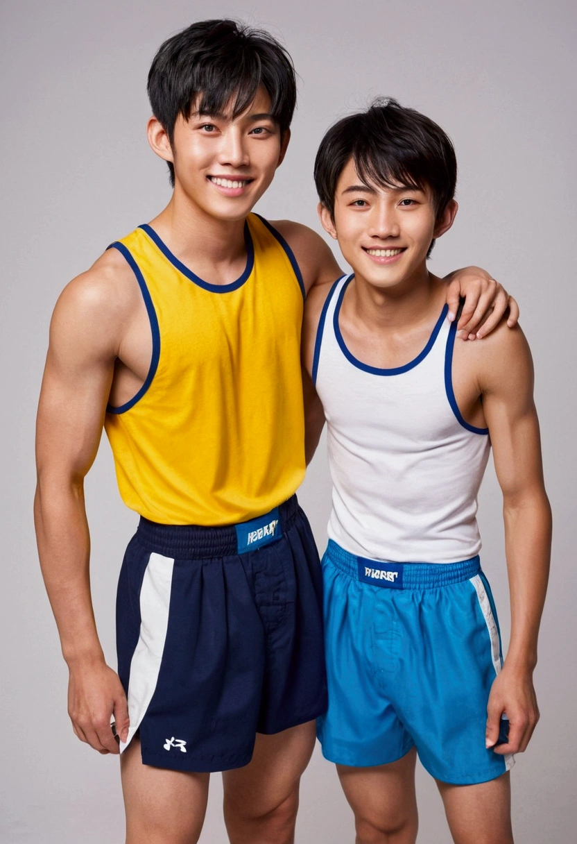 Two Japanese、Both are males.、Well-developed muscles and smooth skin、very short black hair、Friendly and relaxed smile、Face to face, open-mouthed smiling、Brightly colored, thin fabric boxer shorts、The whole body is visible、Masculine physique
