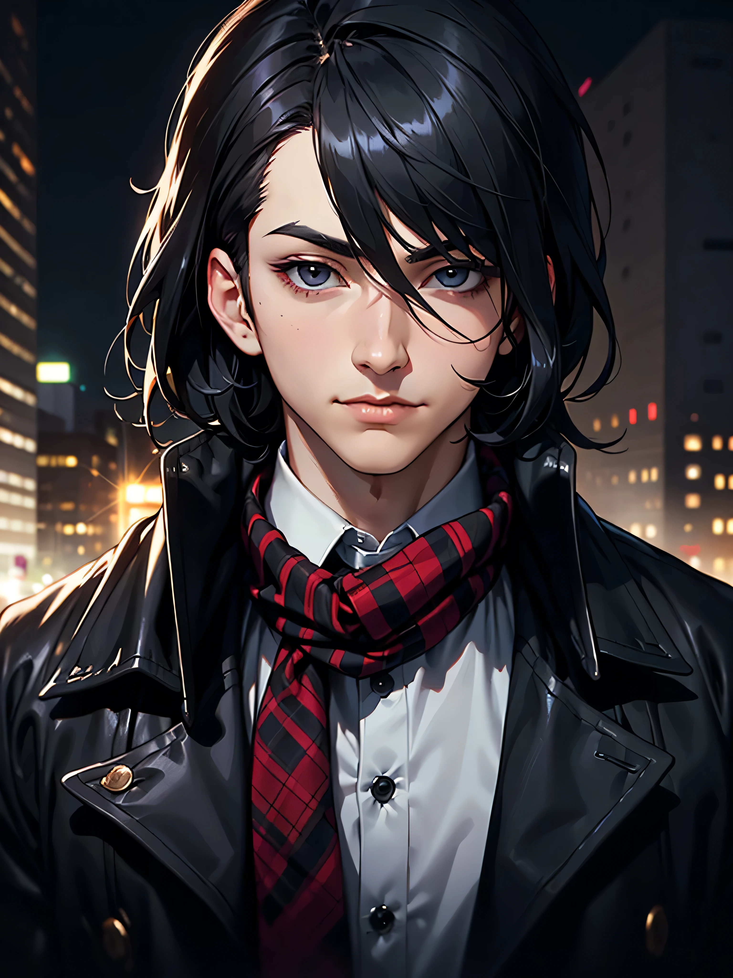 ((Portrait)), He has a Charismatic, Black-Haired Appearance, with a Sophisticated and Confident Aura. He has a Slim, Yet Fit Build, Exuding Elegance and Poise. His Warm Light Gray Eyes Sparkle with Wit and Charm. His Short, Tousled Black Hair Frames His Face, Adding to His Youthful and Dynamic Look. He Wears a Stylish Black Trench Coat Over a Red Plaid Vest and Black Dress Shirt, Paired with a Black Scarf. His Outfit Gives Off a Sleek and Fashionable Vibe, Perfectly Suited for an Urban, Night-Time Setting. ((Portrait, HDR, Dark Background))