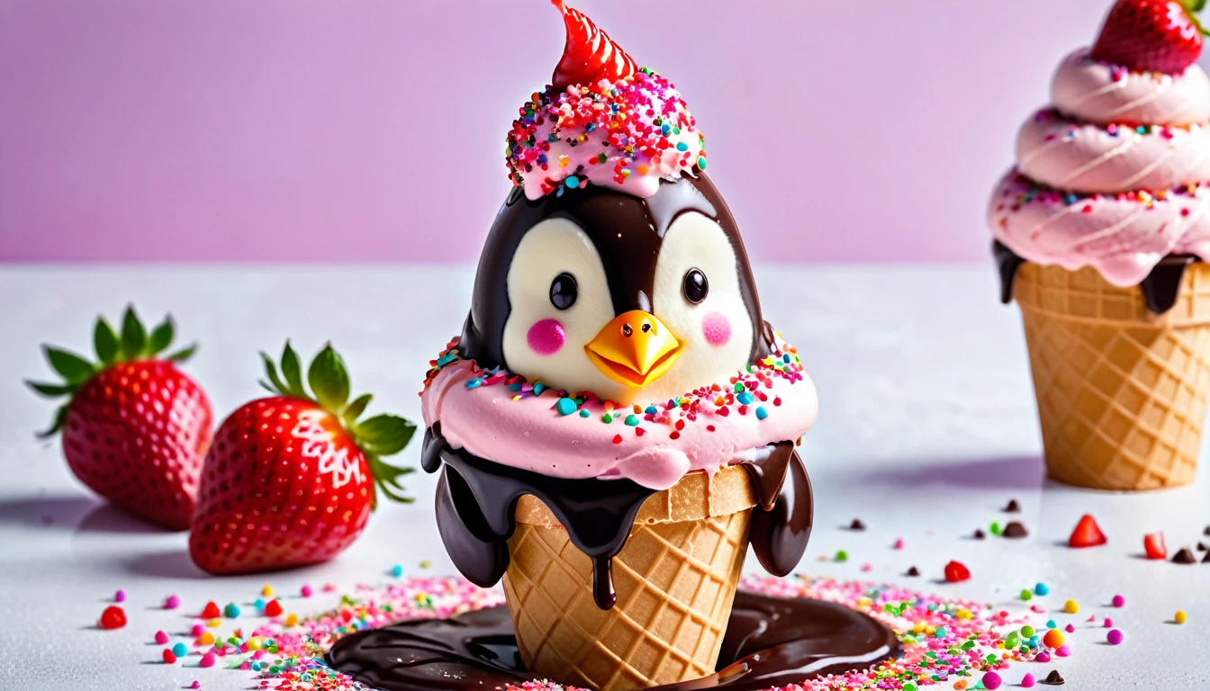 Strawberry ice cream in cone, (ice cream:1.2), cute pinguin shaped ice cream, with sprinkles on toping, chocolate sauce, delicious, (masterpiece:1.3), no people