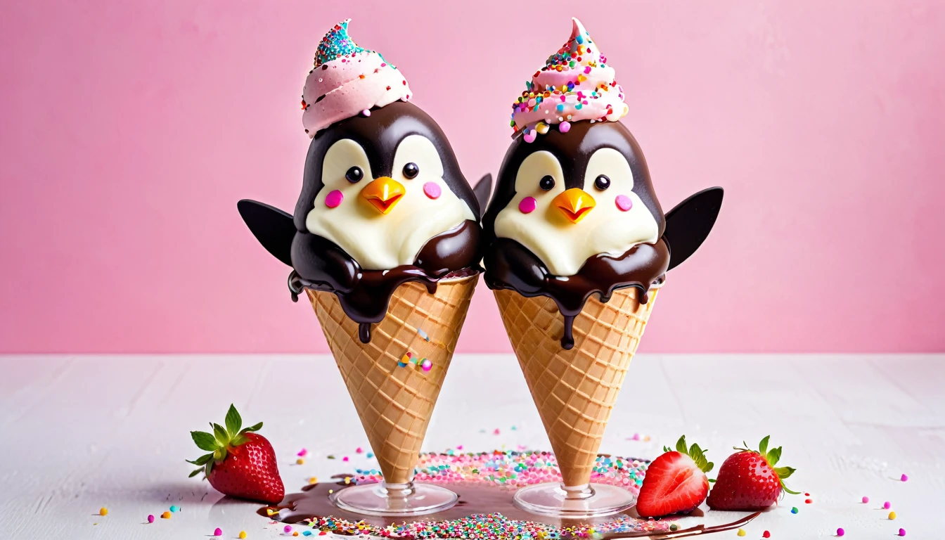 Strawberry ice cream in cone, (ice cream:1.2), cute pinguin shaped ice cream, with sprinkles on toping, chocolate sauce, delicious, (masterpiece:1.3), no people