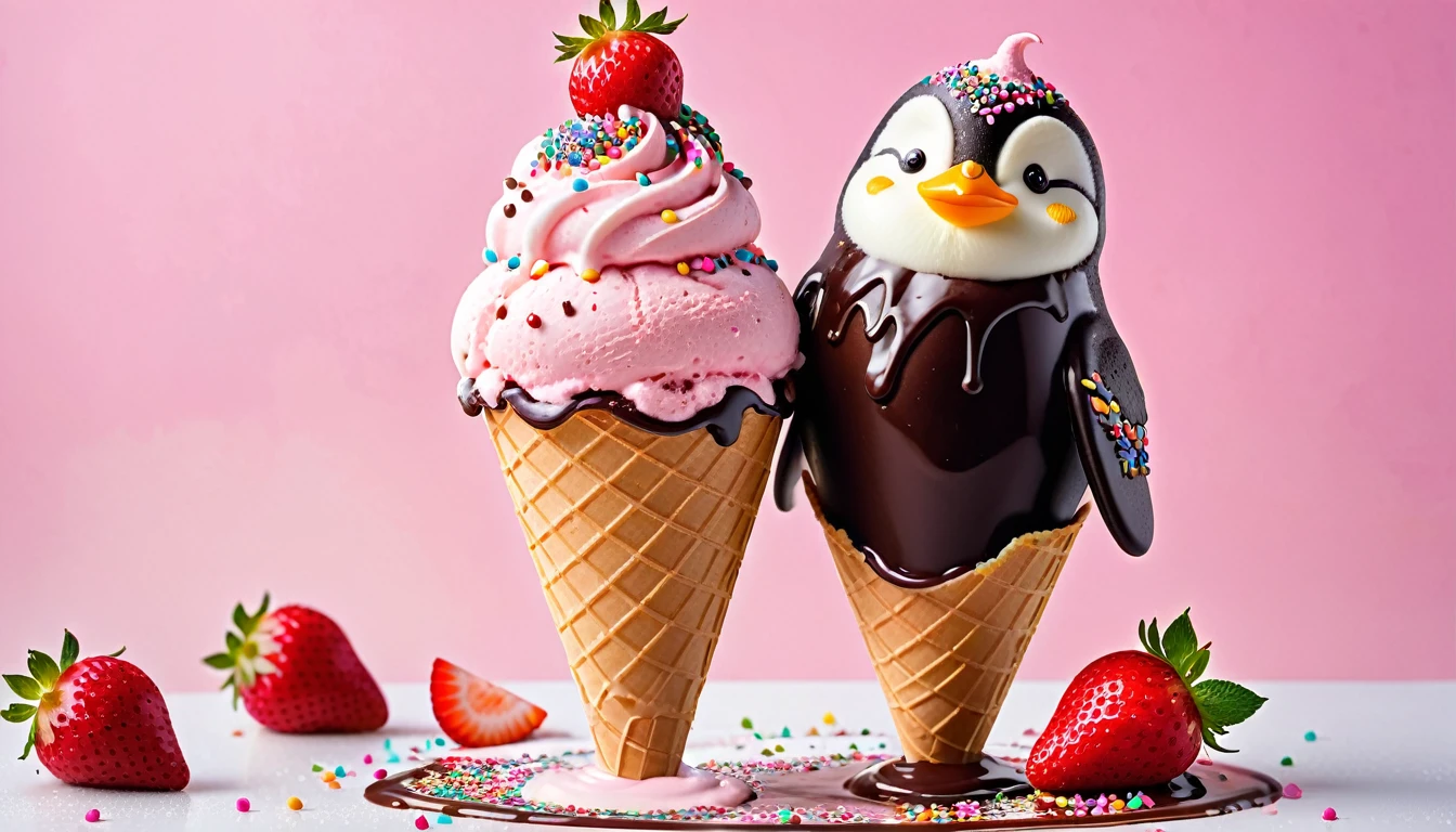 Strawberry ice cream in cone, (ice cream:1.2), cute pinguin shaped ice cream, with sprinkles on toping, chocolate sauce, delicious, (masterpiece:1.3), no people