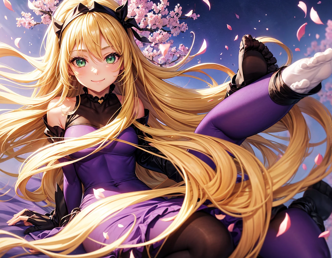 1 girl, scenery, floating petals,
smile, green eyes, extremely long hair, blonde hair, forehead, medium ,
black bodysuit, (purple pantyhose), no shoes, on bed, headband, choker, cuffs, bow,