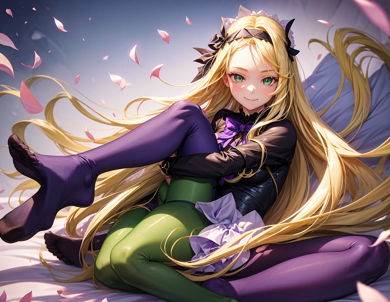 1 girl, scenery, floating petals,
smile, green eyes, extremely long hair, blonde hair, forehead, medium ,
black bodysuit, (purple pantyhose), no shoes, on bed, headband, choker, cuffs, bow, 