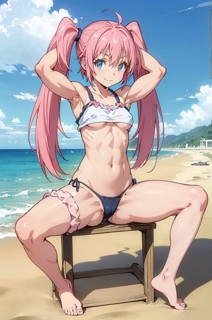 1 female、That Time I Got Reincarnated as a Slime、(naked girl)、masterpiece、highest quality、Accurate、and soul、 of the devil、Eimei、Beautifully detailed blue eyes、(((pink hair)))、both sides、tales proud doubles, (((She is wearing super short panties that only cover her breasts.、True to the original、((barefoot)), muscular belly, ((Beautiful muscular legs)), (smile), On the beach under the scorching sun, bare chest, hands behind head(((detailed eyes、blue eyes)))、(((spread your legs)))、twin tails、Kick up