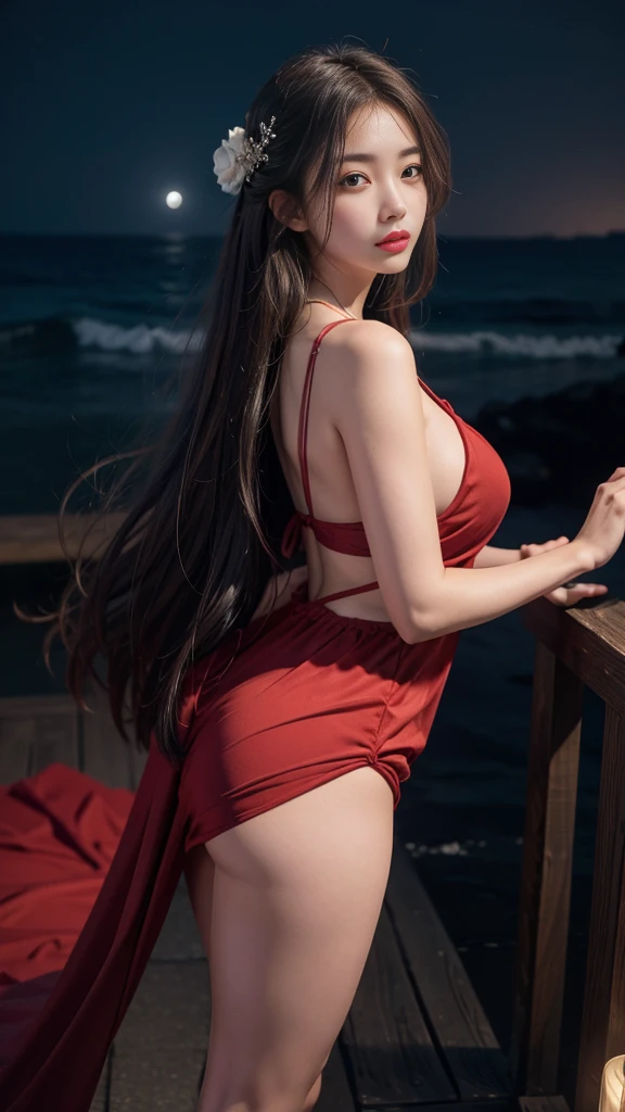 full hd 8k, Girl standing in front of a dark night scene, full moonlight reflecting on her beautiful face. Her long, silky hair was gently blown by the night wind, creating a gentle and romantic feeling. She is walking on a large beach. She looked up at the starry sky, as if searching for something, her eyes showing a pensive and lonely look. The full moon shines in the night sky creating a beautiful scene. The girl has long, strands of hair, a luxurious and noble beauty. The moonlight shines on the girl's delicate face, highlighting her large, round light brown eyes, creating a natural, gentle beauty. She wore a mini red dress to create a sexy beauty. These images capture detailed panoramic portraits and views of the sky and sea. All create a beautiful, wonderful picture that makes people unable to take their eyes off the scene. All of these details are depicted clearly and sharply,