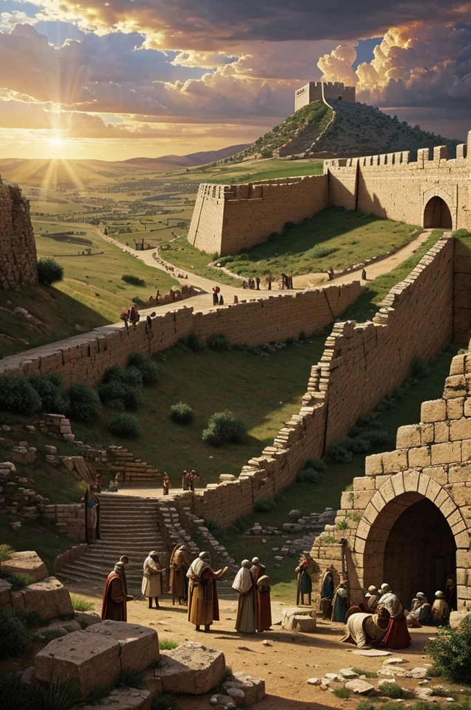 Create a vivid and dynamic scene of the biblical event where the walls of Jericho are falling. Depict the massive stone walls crumbling and collapsing with great force, with dust and debris filling the air. Show the Israelites, dressed in traditional biblical attire, in the foreground, witnessing the miraculous event. Some are blowing rams' horns while others stand in awe or kneel in reverence. Include the Ark of the Covenant, carried by priests, positioned prominently in the scene. The sky should be dramatic, with dark clouds parting to reveal rays of divine light shining down on the scene, emphasizing the miraculous nature of the event. Use rich, earthy tones and dramatic lighting to highlight the key elements and create a sense of awe and wonder.