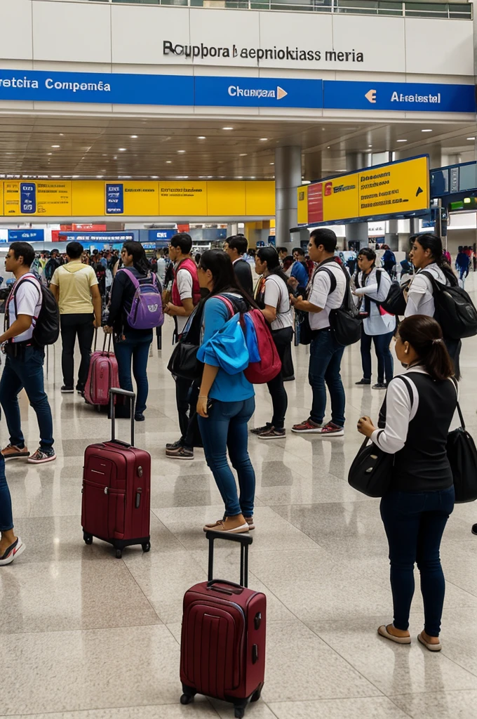 ### Viñeta 1: But
**Description:** "Una escena concurrida en el Butropuerto Jorge Chávez en Lima,ye signs in spanish, people with suitcases and a welcoming atmosphere. The arrivals area is full of activity, with travelers greeting each other and airport staff assisting passengers."
#
