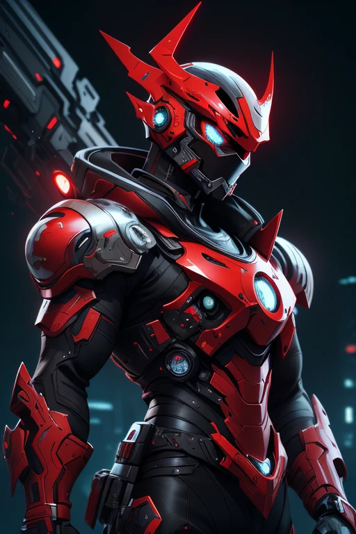 A man, futuristic red helmet, futuristic red glasses, armored cyberpunk vest, black shirt, leather pants, ninja mask on mouth, cyberpunk, back view, aura on back, best quality, 4k, 8k, highres, masterpiece:1.2, ultra-detailed, realistic, photorealistic, photo-realistic:1.37, HDR, UHD, studio lighting, ultra-fine painting, sharp focus, physically-based rendering, extreme detail description, professional, vivid colors, bokeh, cinematic, dramatic lighting, intricate details, glowing aura, moody atmosphere
