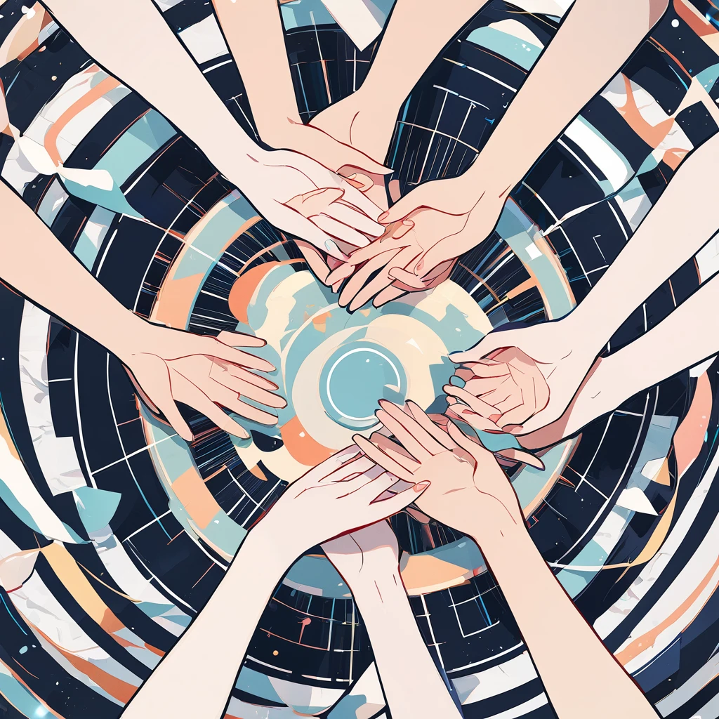 circle composition, Three girls holding hands, from above,