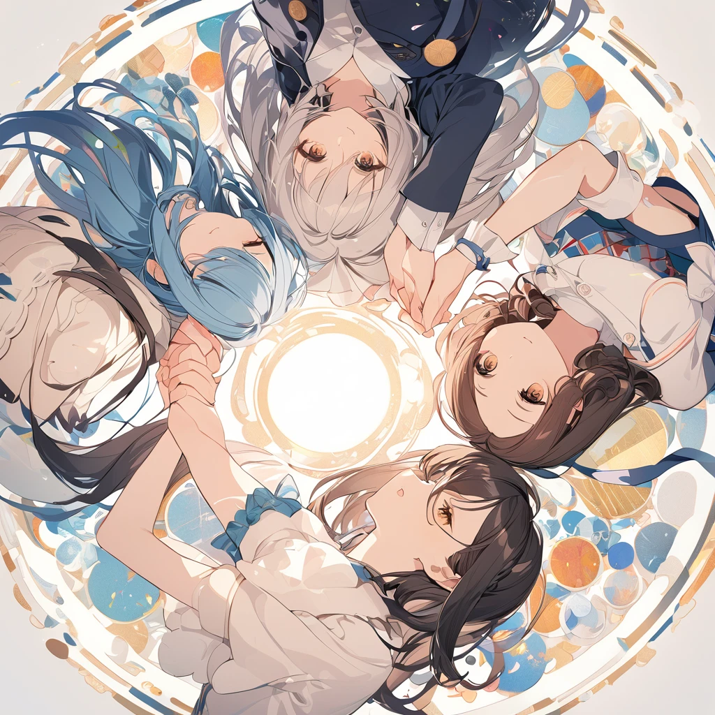 circle composition, Three girls holding hands, from above,