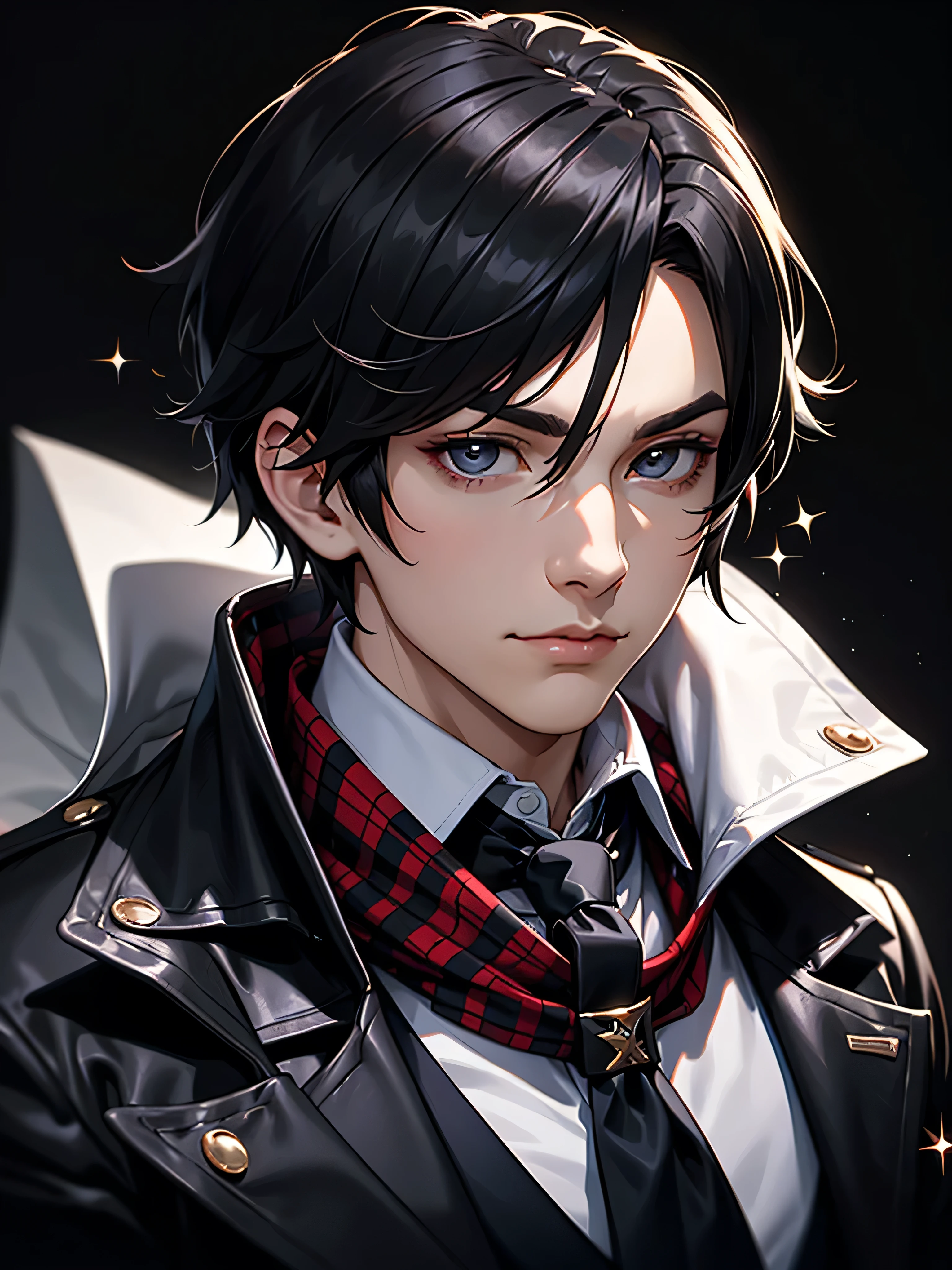 ((Portrait)), He has a Charismatic, Black-Haired Appearance, with a Sophisticated and Confident Aura. He has a Slim, Yet Fit Build, Exuding Elegance and Poise. His Light Gray Eyes Sparkle with Wit and Charm. His Short, Tousled Black Hair Frames His Face, Adding to His Youthful and Dynamic Look. He Wears a Stylish Black Trench Coat Over a Red Plaid Vest and Black Dress Shirt, Paired with a Black Scarf. His Outfit Gives Off a Sleek and Fashionable Vibe. ((Portrait, HDR, Dark Background))