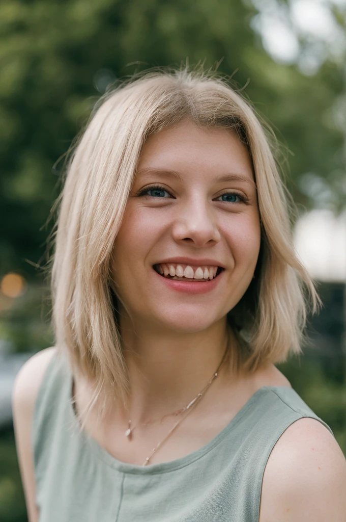 woman, blonde hair, grin, cropped top, collarbone, sharp focus, bokeh 