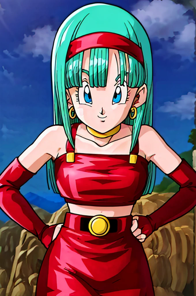 ultra detailed, masterpiece, best quality, solo, soft smile, light smile, Bulla, Dragon Ball,
long hair, aqua hairbangs, collarbonebridal gauntlets, eyelashes, hoop earrings, eyebrows,miniskirt,hairband, red hairband, earrings, blue eyes,elbow gloves, red gloves, fingerless gloves, crop top, red topwear, midriff, yellow belt, skirt, red skirt, big breast, big ass,confused face expresion, sin imperfecciones, dibujo perfecto, big breast