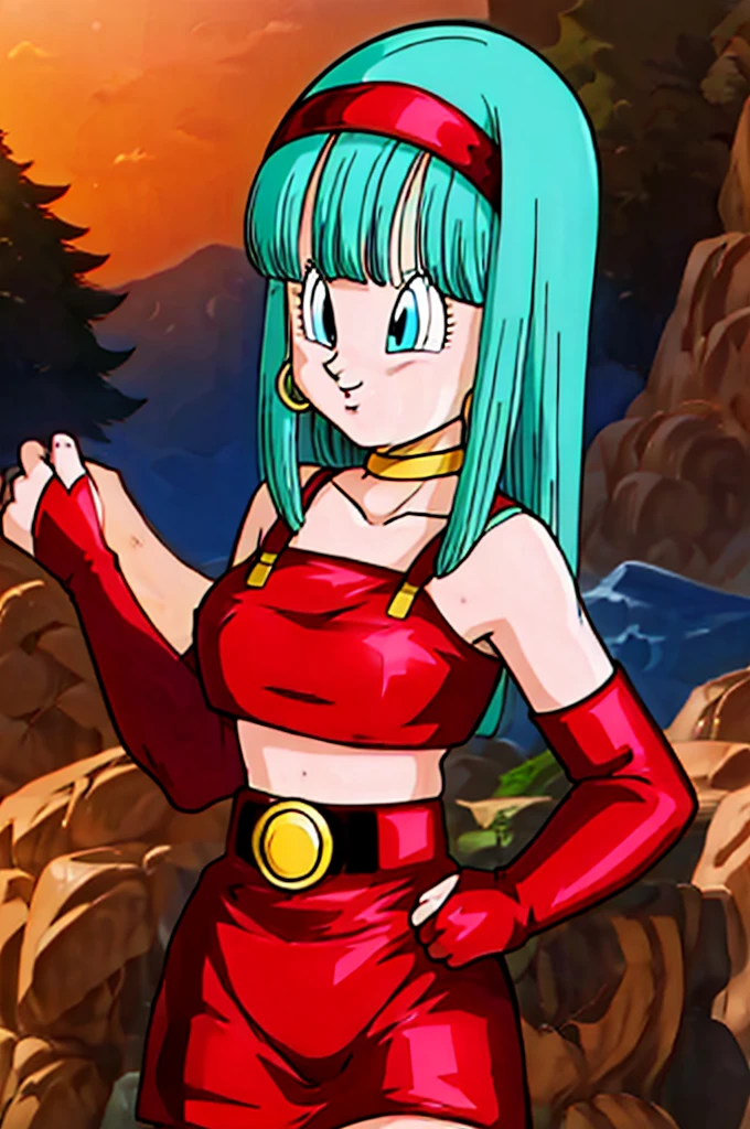 ultra detailed, masterpiece, best quality, solo, soft smile, light smile, Bulla, Dragon Ball,
long hair, aqua hairbangs, collarbonebridal gauntlets, eyelashes, hoop earrings, eyebrows,miniskirt,hairband, red hairband, earrings, blue eyes,elbow gloves, red gloves, fingerless gloves, crop top, red topwear, midriff, yellow belt, skirt, red skirt, big breast, big ass,confused face expresion, sin imperfecciones, dibujo perfecto, big breast