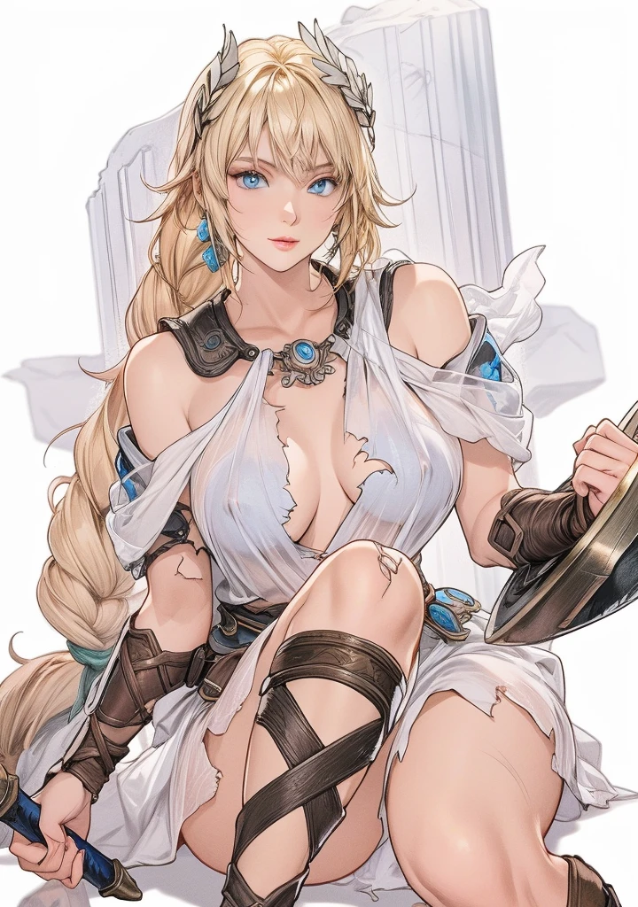 perfect eyes:1.2, detailed eyes:1.4, SoulCaliburSophitia, blue eyes, blonde hair, large , hair ornament, closed mouth, scars, scratches, torn clothes, nipplesparent clothes, see through, white dress, long hair, shield, sword, braided ponytail, 1girl, solo, (masterpiece:1.6, best quality), 8k, insane details, intricate details, hyperdetailed, hyper quality, high detail, ultra detailed, professional, HDR, ray tracing reflection, cinematic lighting,