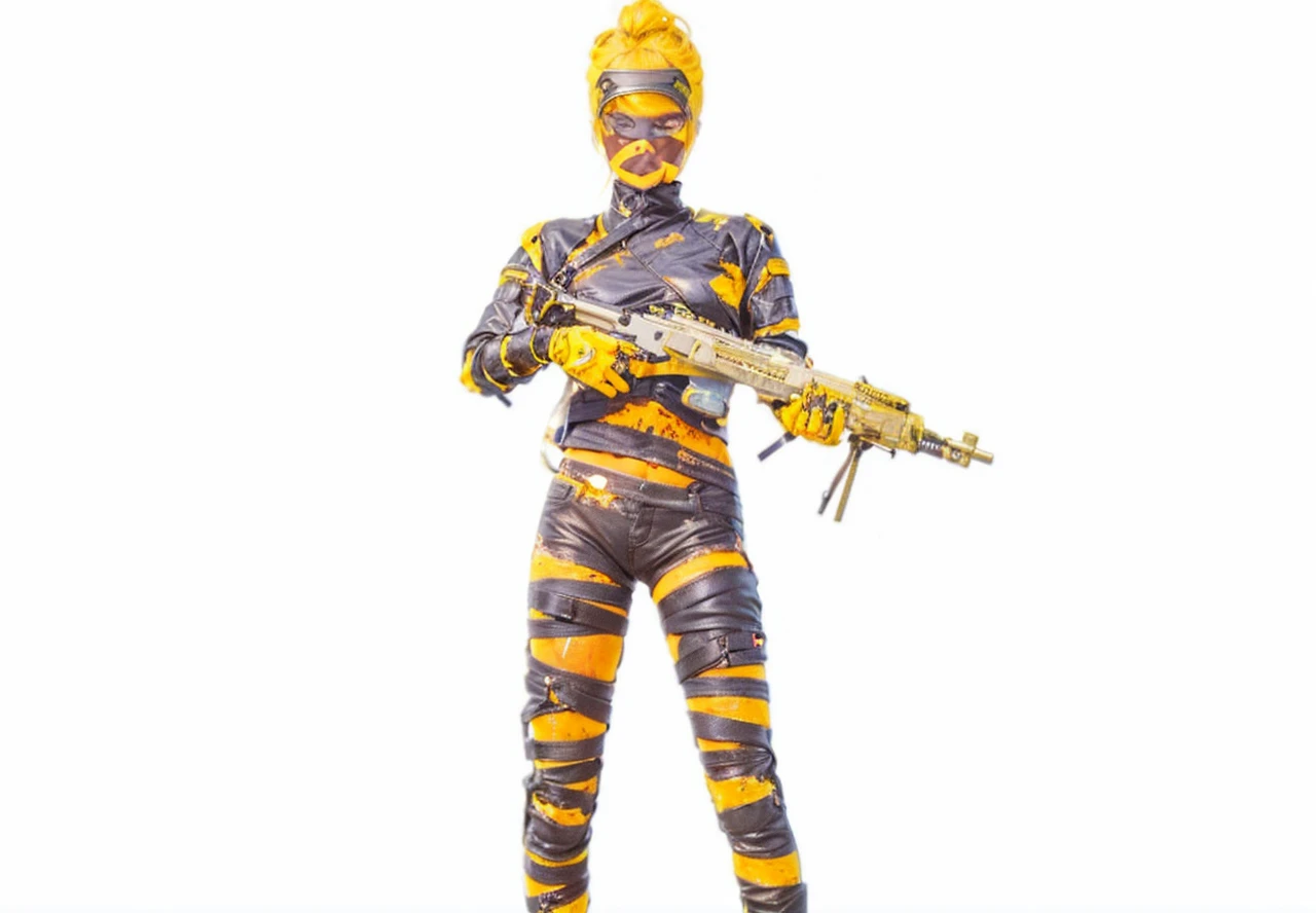 Teenage blonde girl, her hair is in lose twin tails, wearing a cropped blue leather jacket, white sports bra, baggy black pants with lots of pockets, goggles on her head, fair skin, covered with dirt and black mechanical grease. Sci fi settings,