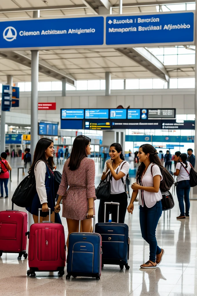 

### Viñeta 1: But
**Description:** "Una escena concurrida en el Butropuerto Jorge Chávez en Lima,ye signs in spanish, people with suitcases and a welcoming atmosphere. The arrivals area is full of activity, with travelers greeting each other and airport staff assisting passengers."

#