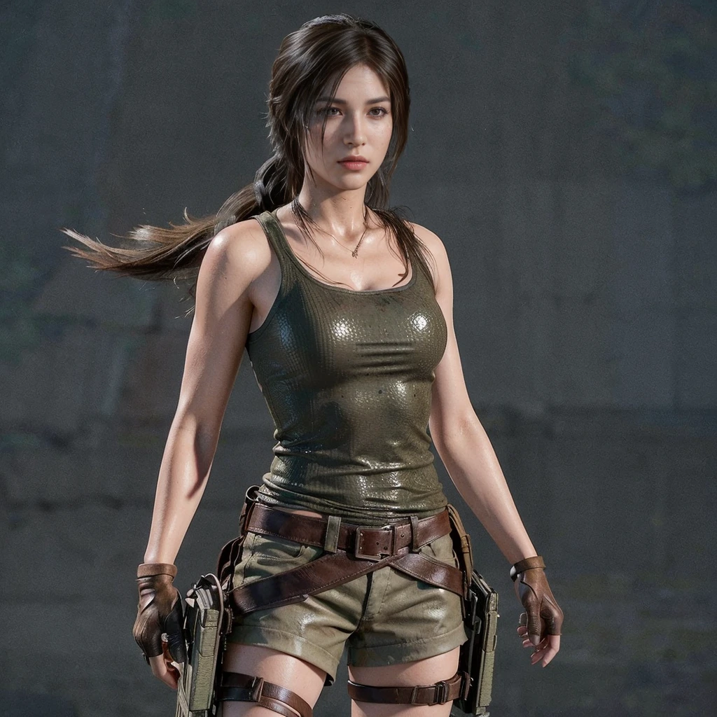 Lara Croft, eyes browns, (best qualityer, ultra detali), (realisitic:1.37), beautiful and detailed face, ultra-realisitic texture, 精致的面容, Delicate body, red lipgloss stick, shiny colors. High definition, 8K.