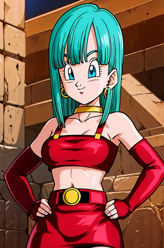 ultra detailed, masterpiece, best quality, solo, soft smile, light smile, Bulla, Dragon Ball,
long hair, aqua hairbangs, collarbonebridal gauntlets, eyelashes, hoop earrings, eyebrows,miniskirt,hairband, red hairband, earrings, blue eyes,elbow gloves, red gloves, fingerless gloves, crop top, red topwear, midriff, yellow belt, skirt, red skirt, big breast, big ass,confused face expresion, sin imperfecciones, dibujo perfecto,