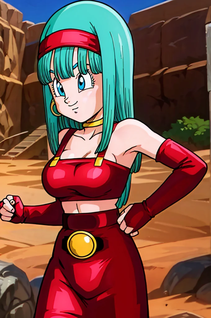 ultra detailed, masterpiece, best quality, solo, soft smile, light smile, Bulla, Dragon Ball,
long hair, aqua hairbangs, collarbonebridal gauntlets, eyelashes, hoop earrings, eyebrows,miniskirt,hairband, red hairband, earrings, blue eyes,elbow gloves, red gloves, fingerless gloves, crop top, red topwear, midriff, yellow belt, skirt, red skirt, big breast, big ass,confused face expresion, sin imperfecciones, dibujo perfecto,