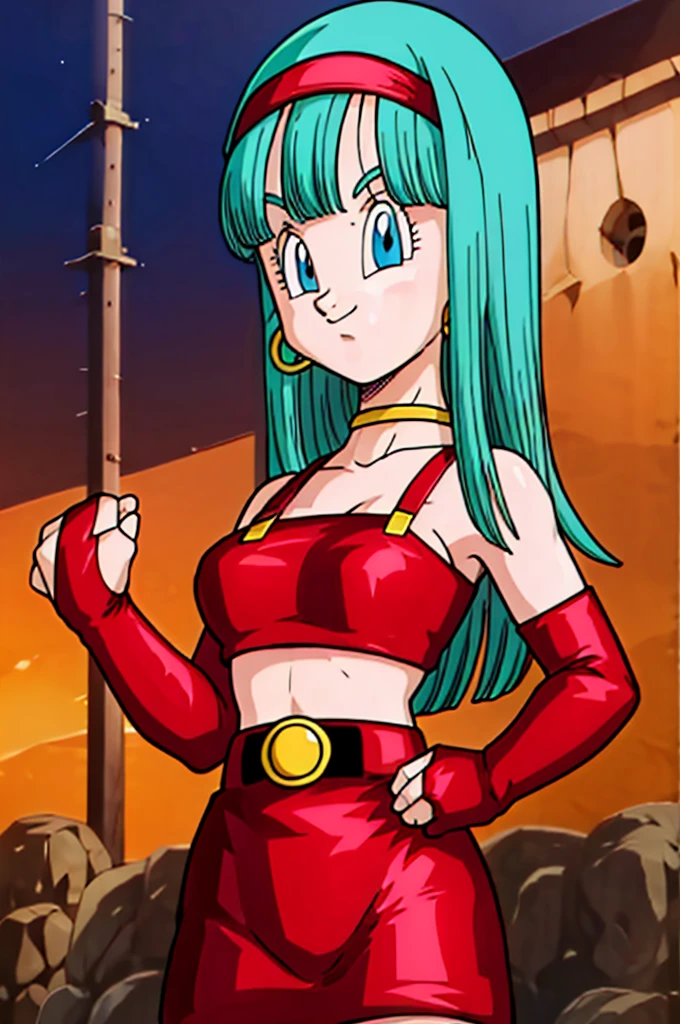 ultra detailed, masterpiece, best quality, solo, soft smile, light smile, Bulla, Dragon Ball,
long hair, aqua hairbangs, collarbonebridal gauntlets, eyelashes, hoop earrings, eyebrows,miniskirt,hairband, red hairband, earrings, blue eyes,elbow gloves, red gloves, fingerless gloves, crop top, red topwear, midriff, yellow belt, skirt, red skirt, big breast, big ass,confused face expresion, sin imperfecciones, dibujo perfecto,