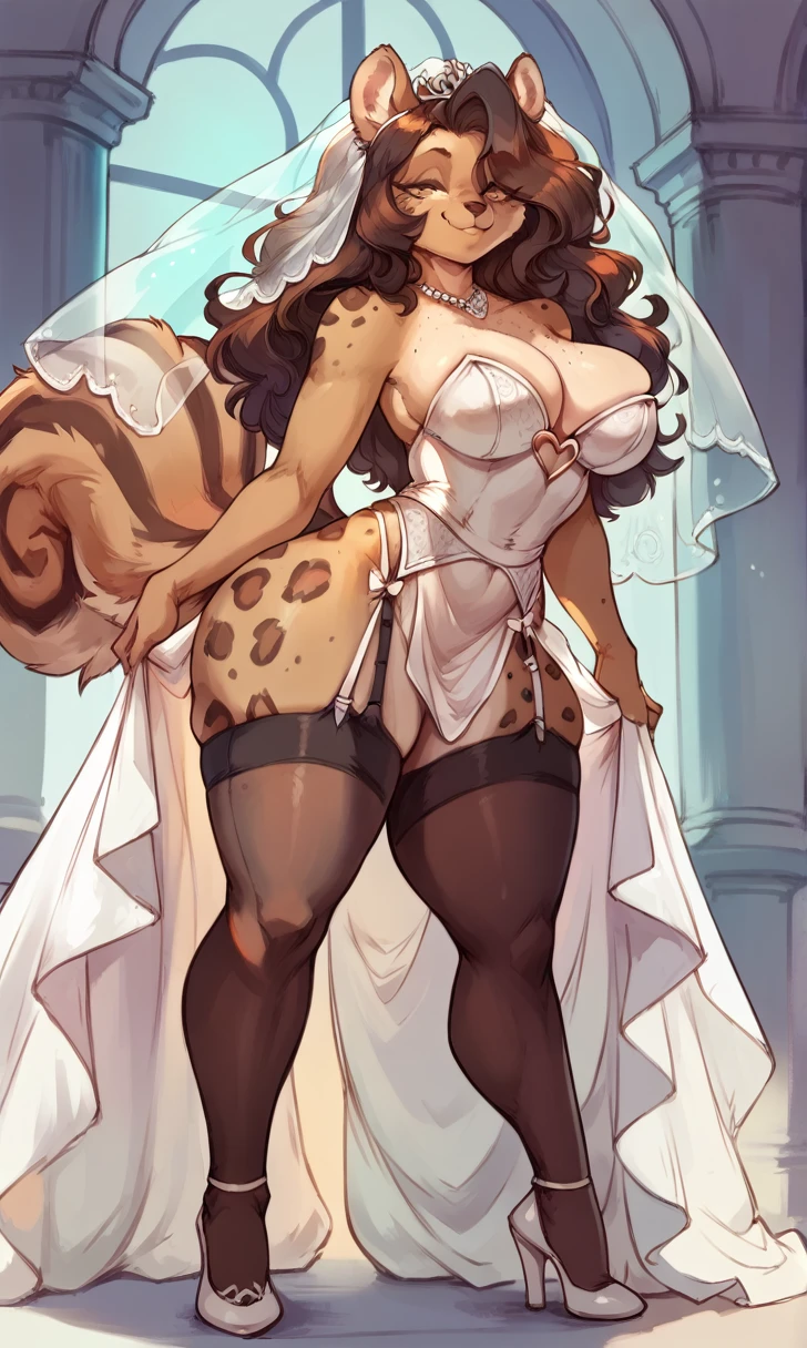 female anthro Snow leopard,Brown long fluffy hair, fluffy hair, squirrel ears, hyena, big breasts, attractive, wedding dress, thicc body, thicc body, thicc, freckles, freckles on face, neutral expression, smug eyes, garter belt tights, high heels, she is standing (thick thighs:1.5) 