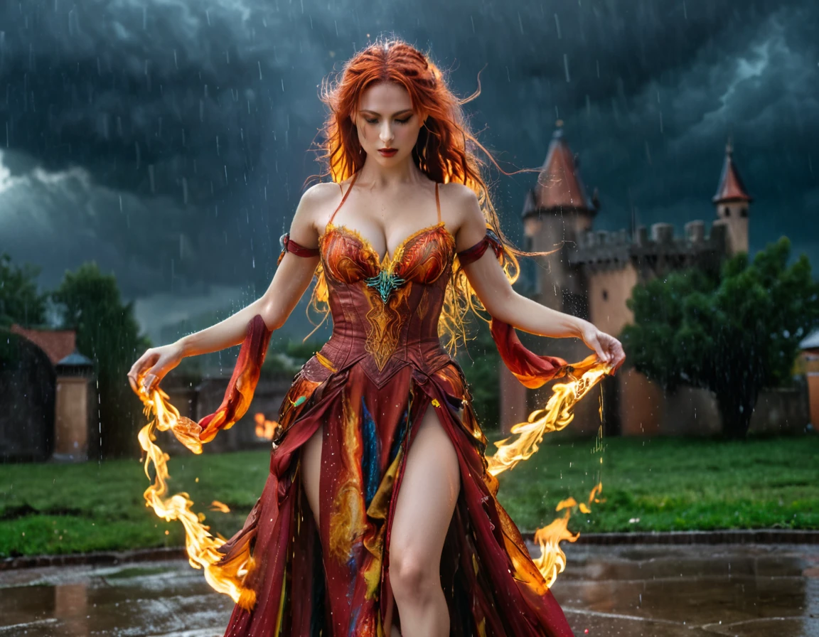 a sorceress of fire making fire dance in a the (storm of rain: 1.3), a most exquisite beautiful sorceress, controlling fire manipulating fire, a woman, dynamic hair color, dynamic hair style, (most beautiful face: 1.3), (ultra detailed face: 1.2), wet hair, wet face, dynamic eyes color, full body shot, wearing dress made of fire, wearing intricate high heels, light make up, dancing in courtyard of a fantasy castle background, ((heavy rain drops: 1.1)), clouds in the sky, (anatomically correct: 1.4), (full body shot: 1.1) , vibrant, Ultra-high resolution, High Contrast, (masterpiece:1.5), highest quality, Best aesthetics), best details, best quality, highres, ultra wide angle, 16k, [ultra detailed], masterpiece, best quality, (extremely detailed),DARK, chumbasket art style