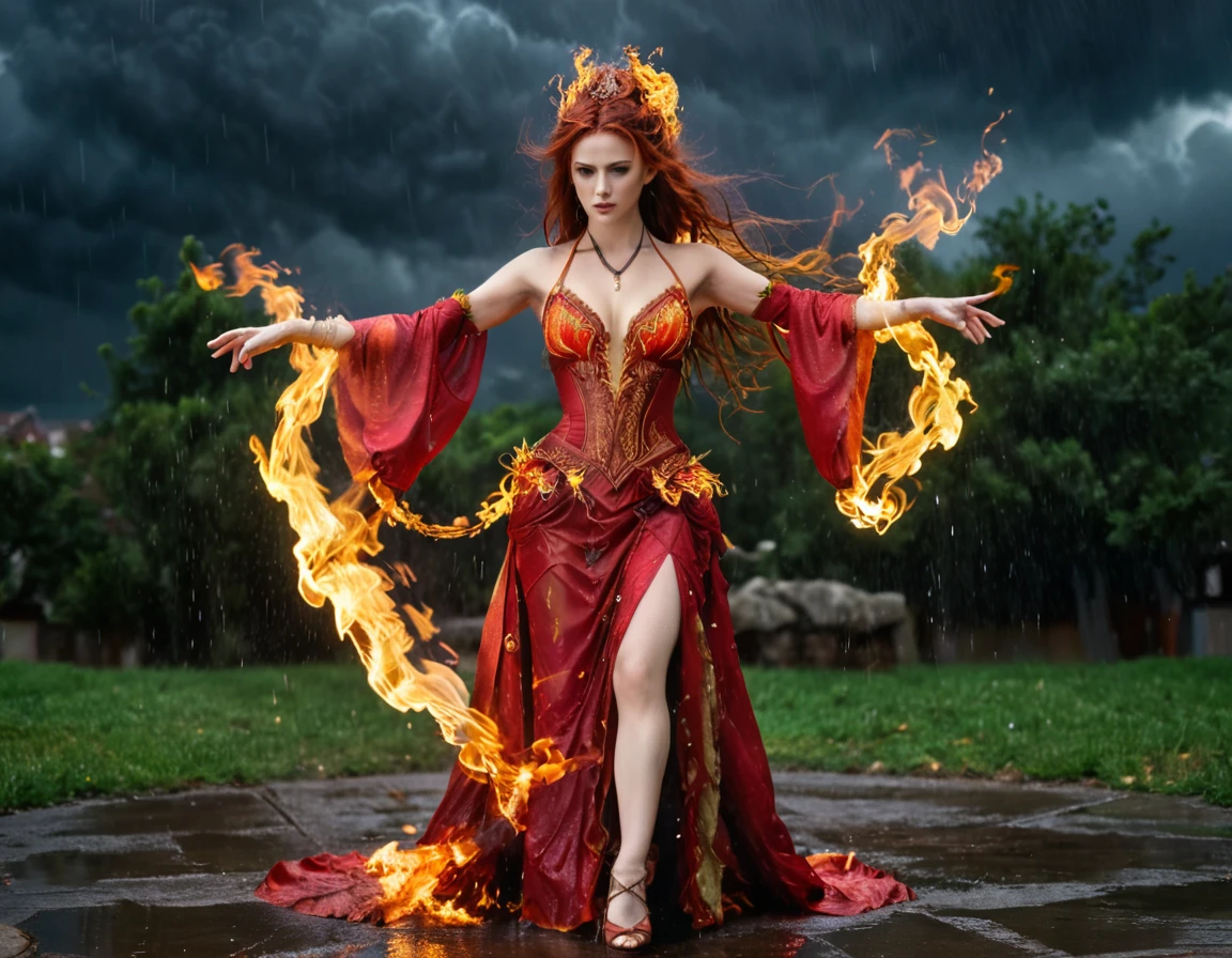 a sorceress of fire making fire dance in a the (storm of rain: 1.3), a most exquisite beautiful sorceress, controlling fire manipulating fire, a woman, dynamic hair color, dynamic hair style, (most beautiful face: 1.3), (ultra detailed face: 1.2), wet hair, wet face, dynamic eyes color, full body shot, wearing dress made of fire, wearing intricate high heels, light make up, dancing in courtyard of a fantasy castle background, ((heavy rain drops: 1.1)), clouds in the sky, (anatomically correct: 1.4), (full body shot: 1.1) , vibrant, Ultra-high resolution, High Contrast, (masterpiece:1.5), highest quality, Best aesthetics), best details, best quality, highres, ultra wide angle, 16k, [ultra detailed], masterpiece, best quality, (extremely detailed),DARK, chumbasket art style