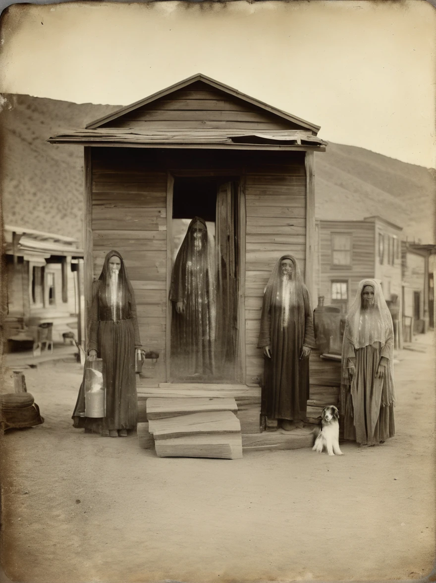 A faded tintype photograph from
the Wild West era shows a ghost
town frozen in time. Transparent
figures roam the dusty streets,
their ghostly presence a silent
testament to the tragedies that
befell the once-thriving
community.