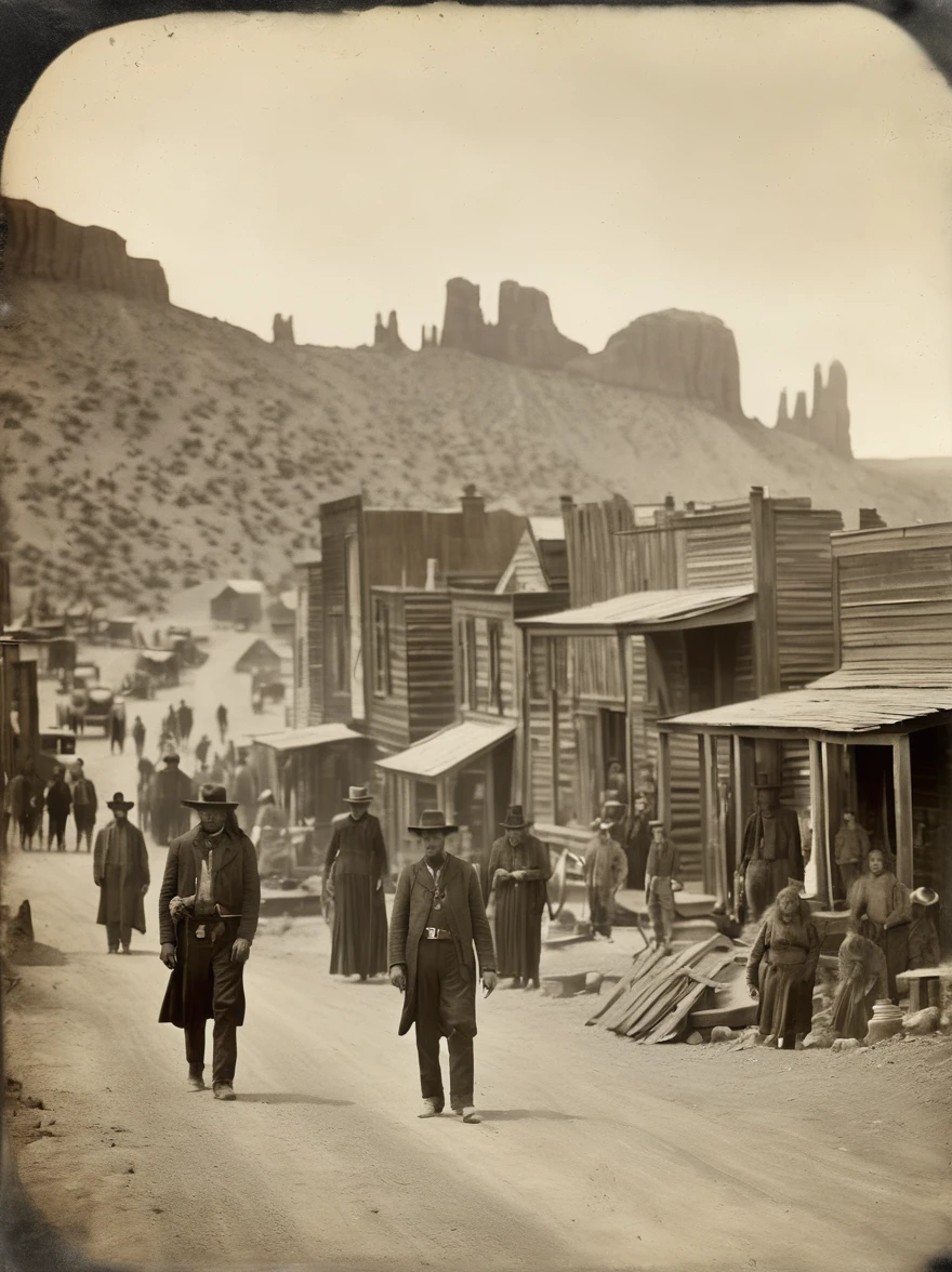 A faded tintype photograph from
the Wild West era shows a ghost
town frozen in time. Transparent
figures roam the dusty streets,
their ghostly presence a silent
testament to the tragedies that
befell the once-thriving
community.