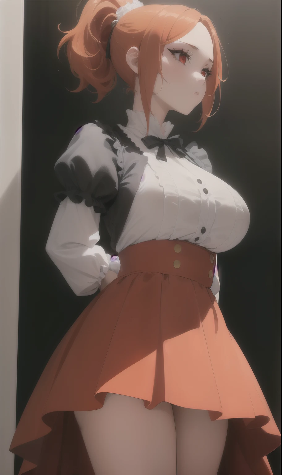 (masterpiece, Highest quality:1.2), Very detailed, Detailed Hair, Soft Skin,

One girl, alone, Are standing, Upper Body, 

Orange Hair, Short Hair, High Ponytail, Long ponytail,Anime painting，　Big Tits，Stand in front，Anime painting，

Red eyes, Long eyelashes, Thick eyelashes, View your viewers,

Red dress, backless dress, Glamorous Dress, Fluffy skirt, mini skirt, Puffy sleeves, Juliet Sleeve, Long sleeve,



Black background,


