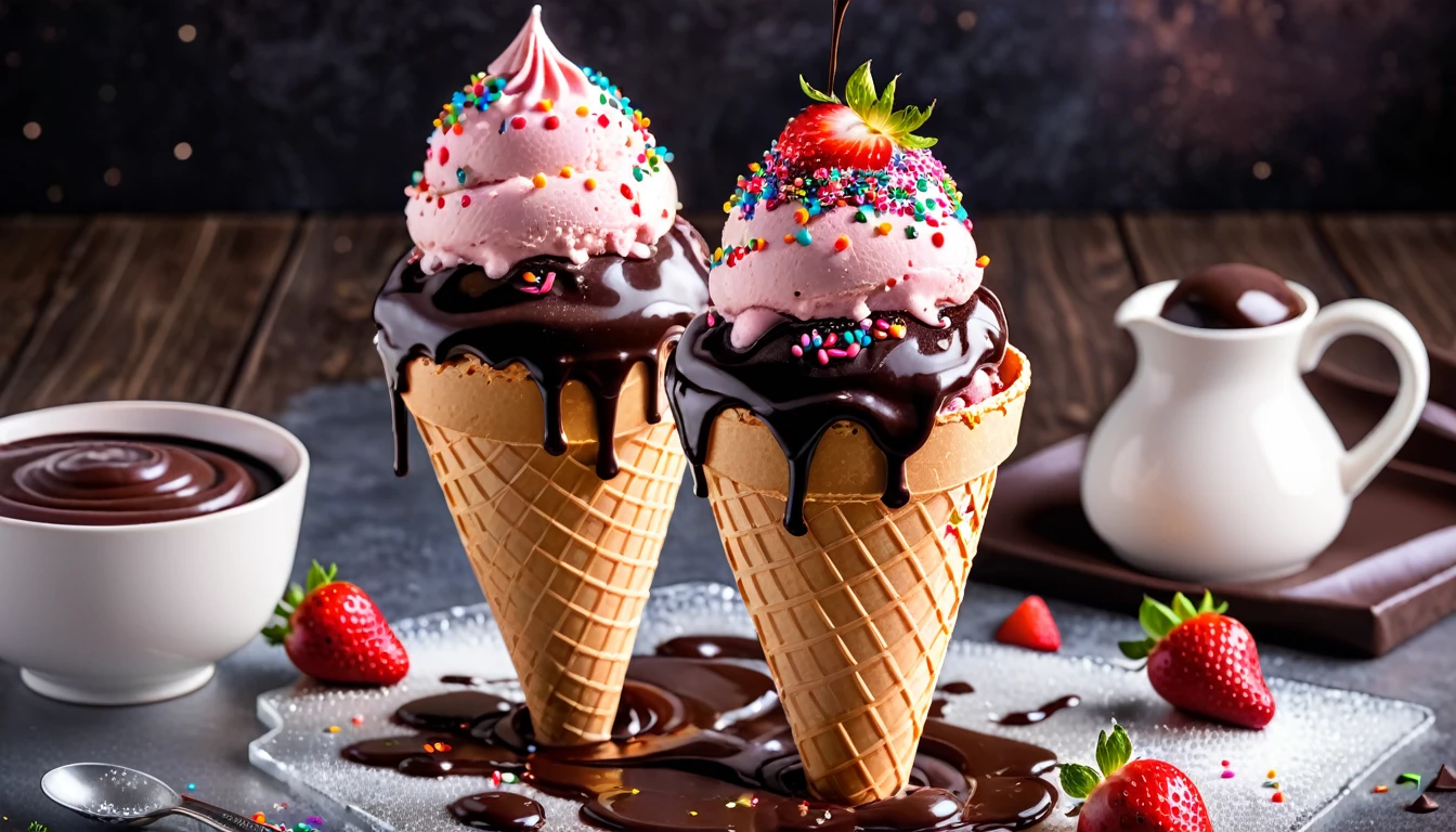 Strawberry ice cream in cone, (ice cream:1.2), with sprinkles on toping, chocolate sauce, delicious, (masterpiece:1.3), no people
