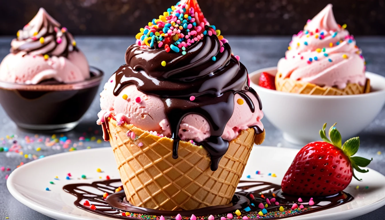 Strawberry ice cream in cone, (ice cream:1.2), with sprinkles on toping, chocolate sauce, delicious, (masterpiece:1.3), no people